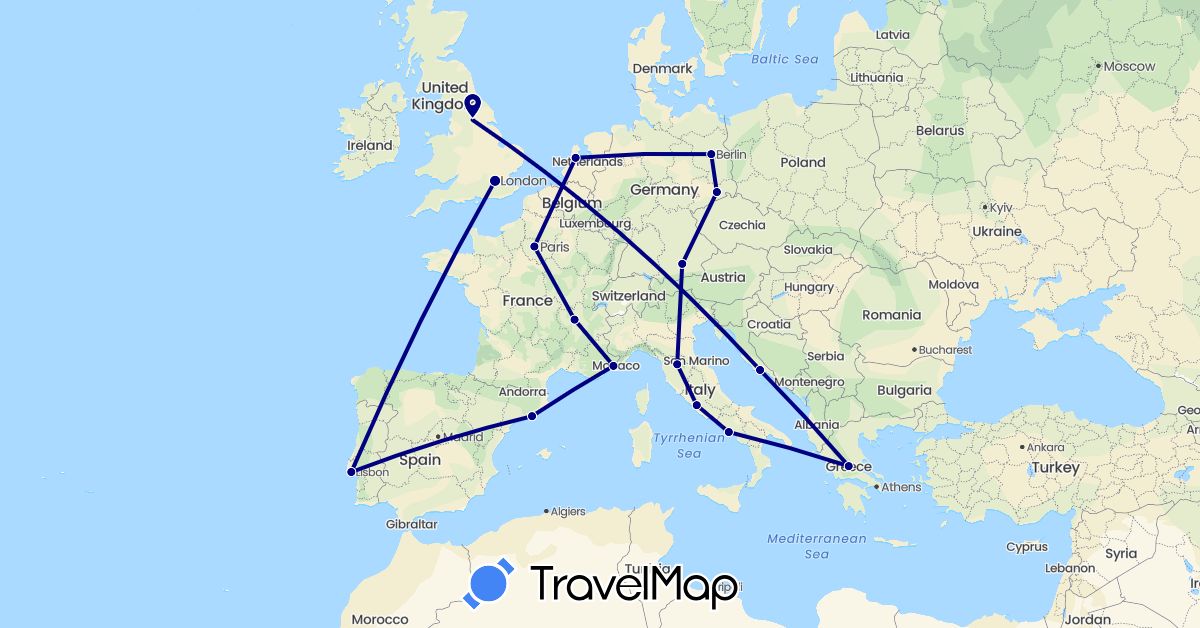 TravelMap itinerary: driving in Germany, Spain, France, United Kingdom, Greece, Croatia, Italy, Netherlands, Portugal (Europe)